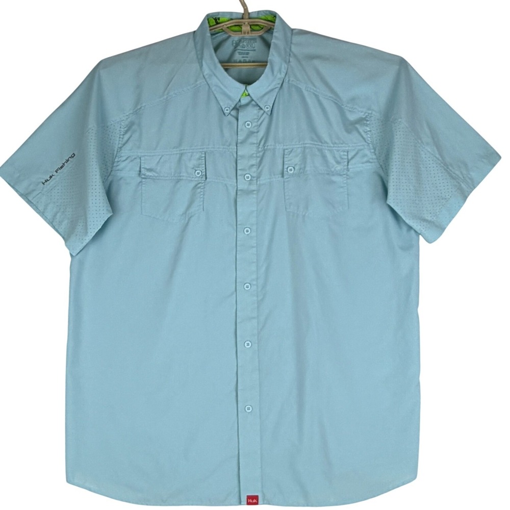 Huk Fishing Shirt Mens XXL Blue Short Sleeve Vented Performance Button Down